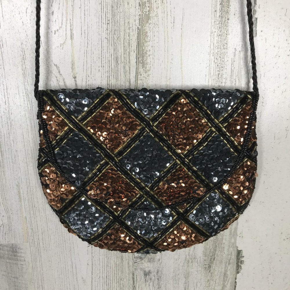 Gunmetal and bronze sequined crossbody purse